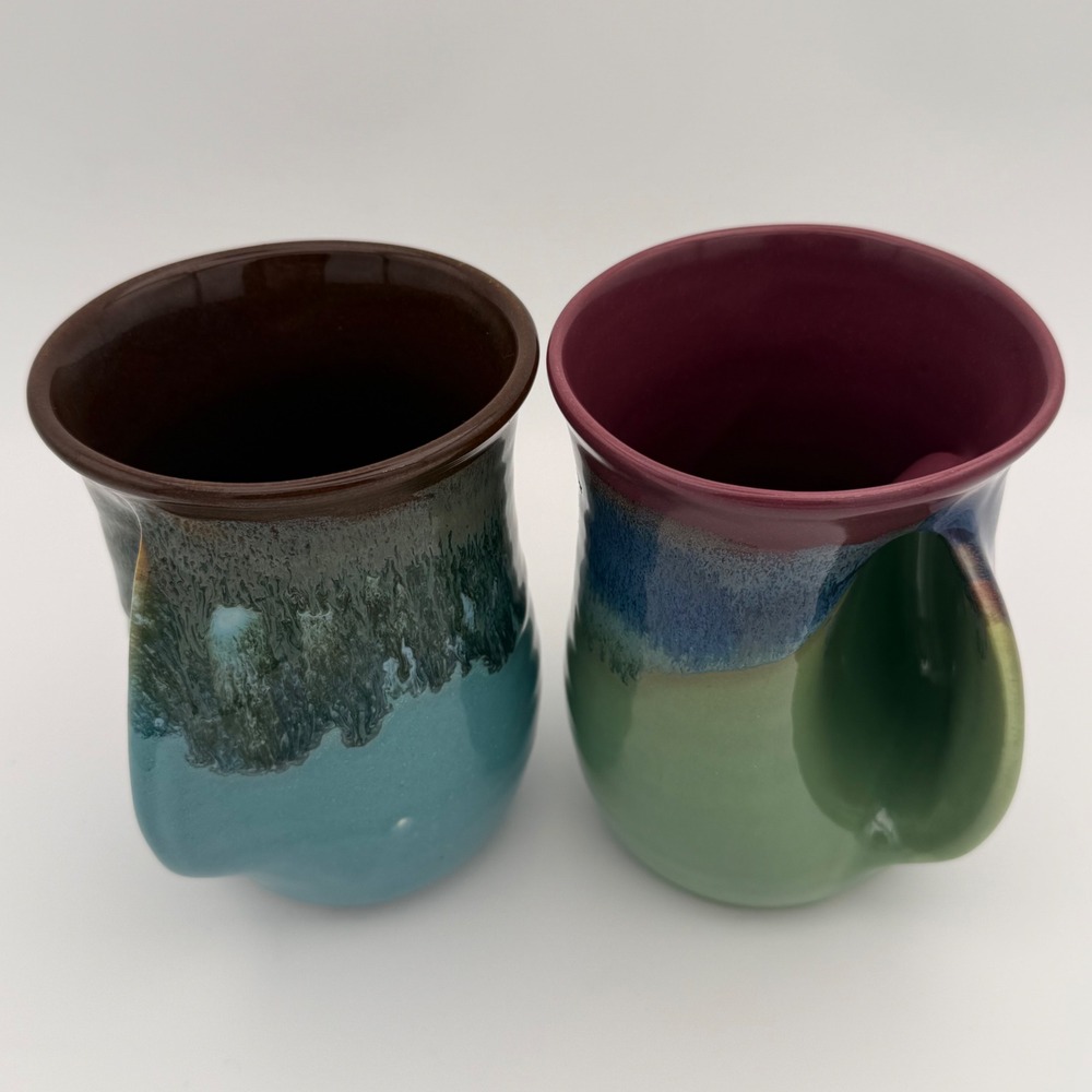 Clay In Motion Signed Neher Right Hand Handwarmer Mugs Set of 2 Artisan Pottery - Picture 8 of 10